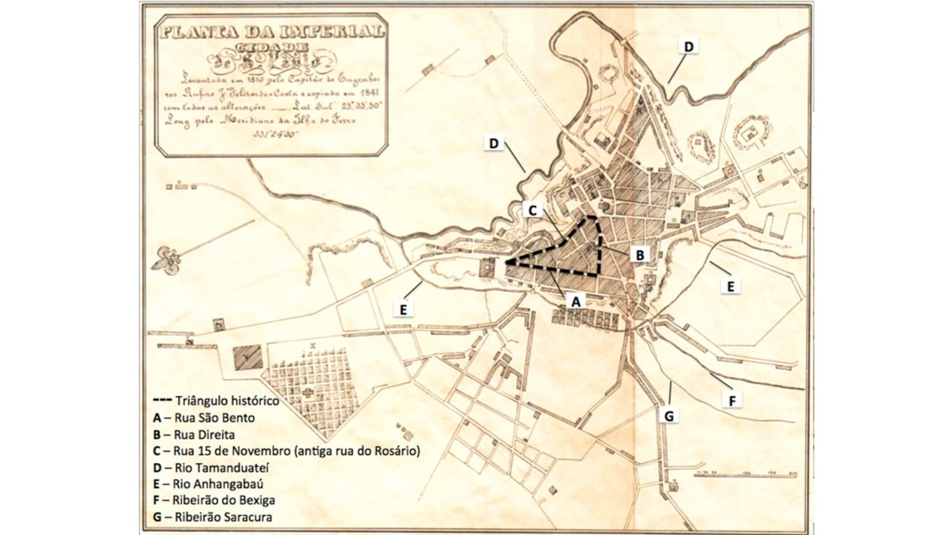 Planta da cidade de São Paulo em 1810, com destaque para o triângulo histórico e para os rios e córregos