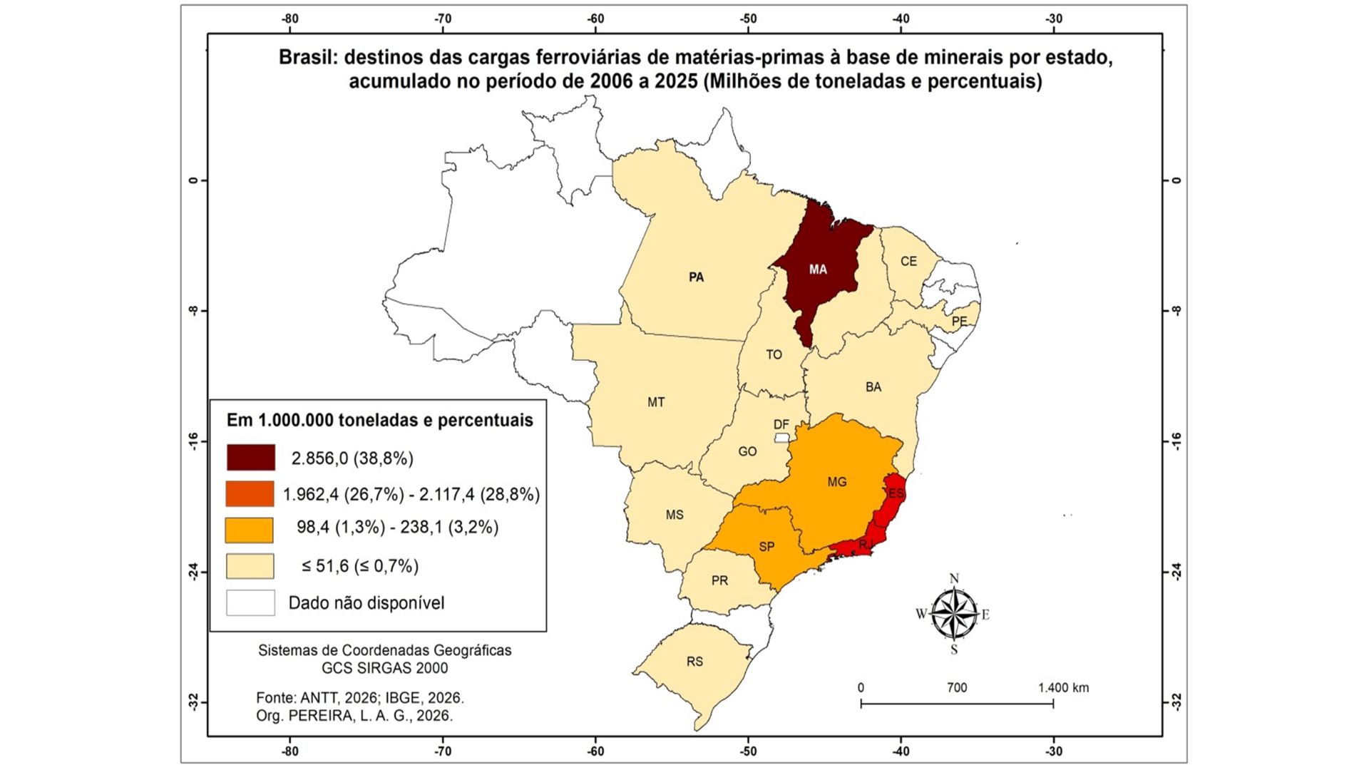 Brasil: origens das cargas ferroviárias de matérias-primas à base de minerais por estado, acumulado no período de 2006 a 2025