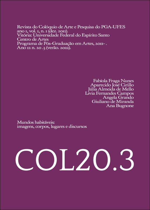 Fundo roxo com créditos da revista acima, nomes de pessoas autoras à direita, título "Mundo habitáveis: imagens, corpos, lugares e discursos" à esquerda e indicação de COL20.3 em letras maiores abaixo.