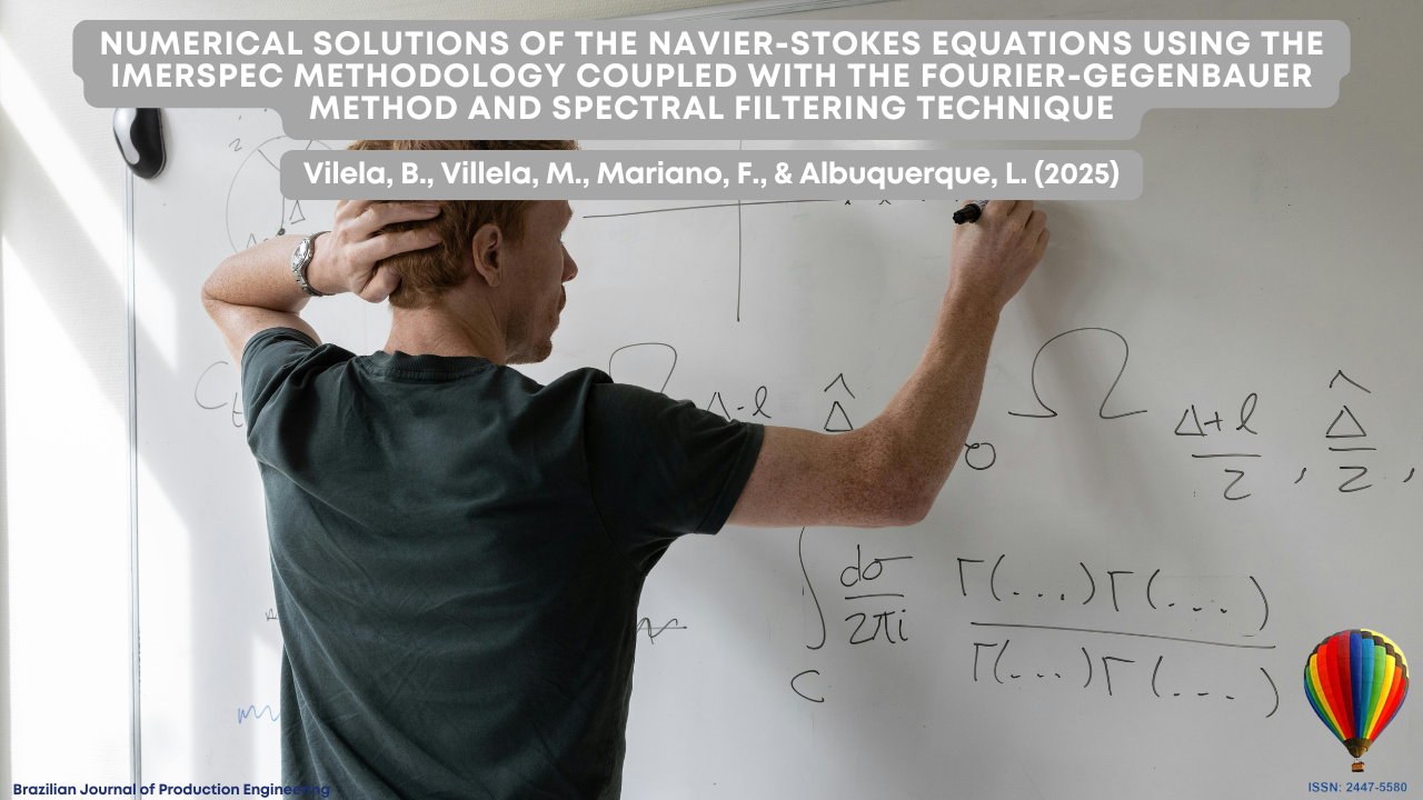 "A researcher writes complex mathematical formulas on a whiteboard. The image is used as the cover of a scientific article in the Brazilian Journal of Production Engineering, featuring the title of the work and the authors' names."