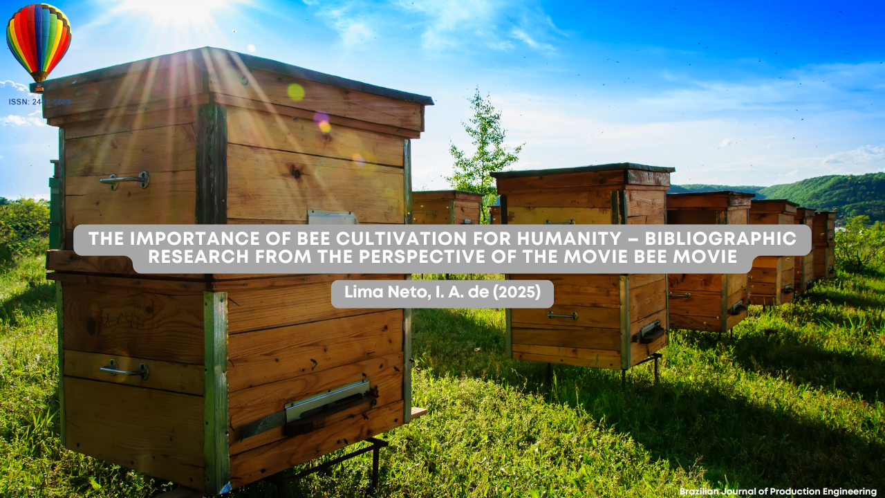 Image of several wooden beehives outdoors under a blue sky, used as the cover of an academic article about the importance of bees for humanity based on the Bee Movie.
