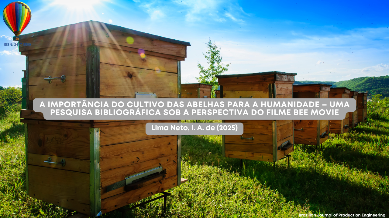 Imagem de várias colmeias de madeira ao ar livre, com céu azul ao fundo, ilustrando a capa de um artigo acadêmico sobre a importância das abelhas para a humanidade com base no filme Bee Movie.
