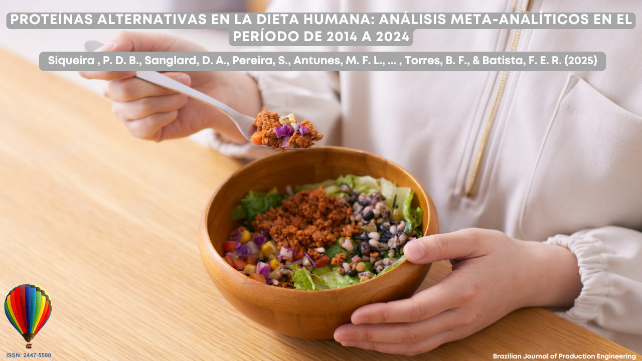 “Una persona sosteniendo un cuenco de madera lleno de una ensalada colorida con vegetales, granos y proteína vegetal, mientras levanta una cucharada de la comida. En la parte superior aparecen el título y los autores de un estudio meta-analítico sobre proteínas alternativas.”