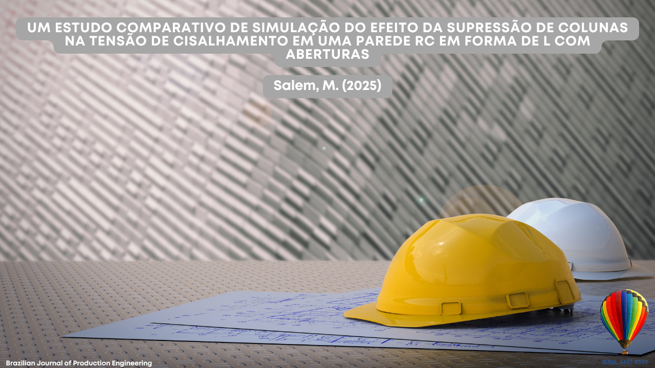 "A imagem mostra dois capacetes de segurança, um amarelo e outro branco, apoiados sobre plantas arquitetônicas em uma superfície texturizada. Ao fundo, há uma parede cinza desfocada com um padrão geométrico. Na parte superior, uma faixa cinza exibe o título do artigo: ‘Um estudo comparativo de simulação do efeito da supressão de colunas na tensão de cisalhamento em uma parede RC em forma de L com aberturas.’ Logo abaixo, o autor é creditado: Salem, M. (2025). No canto inferior direito, há um logotipo de balão colorido acompanhado do número ISSN da revista Brazilian Journal of Production Engineering."