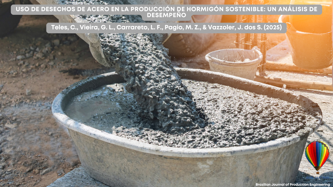 Tres versiones de una portada de artículo científico muestran el mismo fondo: hormigón fresco vertiéndose desde un recipiente en un molde redondo en una obra de construcción. La superficie es rugosa y la luz del sol se refleja en el hormigón húmedo. En la esquina inferior derecha hay un logotipo de globo aerostático de colores con el ISSN 2447-5580 y el texto “Brazilian Journal of Production Engineering”.  Cada versión muestra el título del artículo y los autores centrados en una franja gris, en diferentes idiomas: USO DE DESECHOS DE ACERO EN LA PRODUCCIÓN DE HORMIGÓN SOSTENIBLE: UN ANÁLISIS DE DESEMPEÑO Teles, C., Vieira, G. L., Carracreto, L. F., Pagio, M. Z., & Vazzoler, J. dos S. (2025)