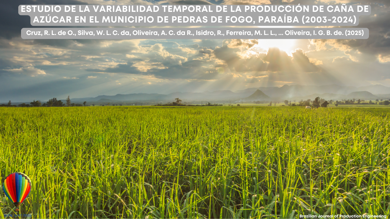 "Imagen de un campo verde de caña de azúcar al atardecer, con rayos de sol atravesando las nubes en el horizonte. En la parte superior, se muestra el título de un artículo científico de la Brazilian Journal of Production Engineering sobre la variabilidad temporal de la producción de caña de azúcar en Pedras de Fogo, Paraíba (2003–2024). En la esquina inferior izquierda, un globo aerostático multicolor representa el logotipo de la revista."