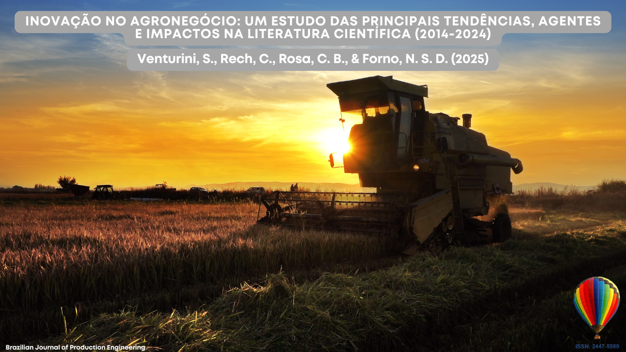 "A imagem mostra uma colheitadeira trabalhando em um campo durante o pôr do sol. O céu alaranjado e amarelo destaca a silhueta da máquina enquanto realiza a colheita. Na parte superior, uma faixa cinza exibe o título: ‘Inovação no agronegócio: um estudo das principais tendências, agentes e impactos na literatura científica (2014–2024).’ Logo abaixo, aparecem os autores: Venturini, S., Rech, C., Rosa, C. B., & Forno, N. S. D. (2025). No canto inferior direito, há um logotipo de balão colorido com o ISSN da revista Brazilian Journal of Production Engineering."