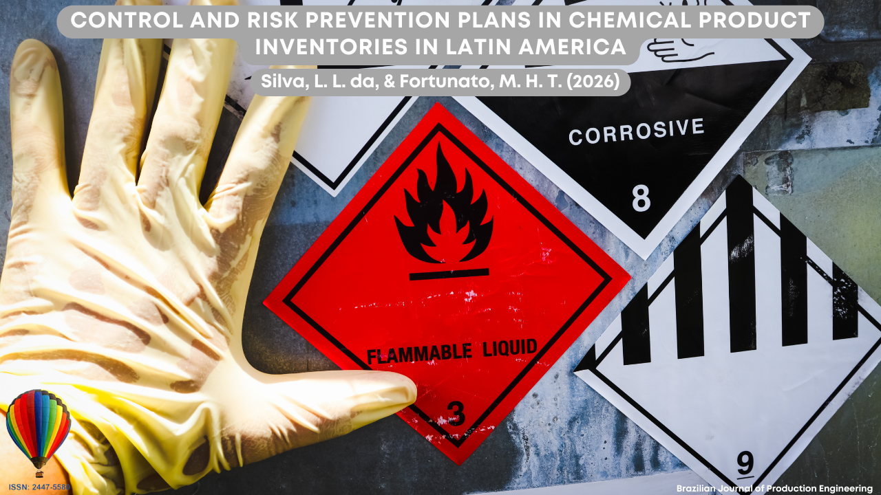 Image illustrating the context of risk management in chemical product inventories, highlighting hazard signs associated with the storage and handling of such substances. Prominently featured is a flammable material label (“flammable liquid”), along with other risk symbols such as corrosive and miscellaneous hazardous substances. A hand wearing a protective glove appears in the foreground, emphasizing the need for personal protective equipment (PPE) in safe handling practices. The visual composition refers to safety, control, and accident prevention practices in industrial and logistics environments. At the top of the image appears the article title “Control and Risk Prevention Plans in Chemical Product Inventories in Latin America,” along with the authors Silva, L. L. da, and Fortunato, M. H. T. (2026). In the lower corner appears the identification of the Brazilian Journal of Production Engineering and the journal’s ISSN.