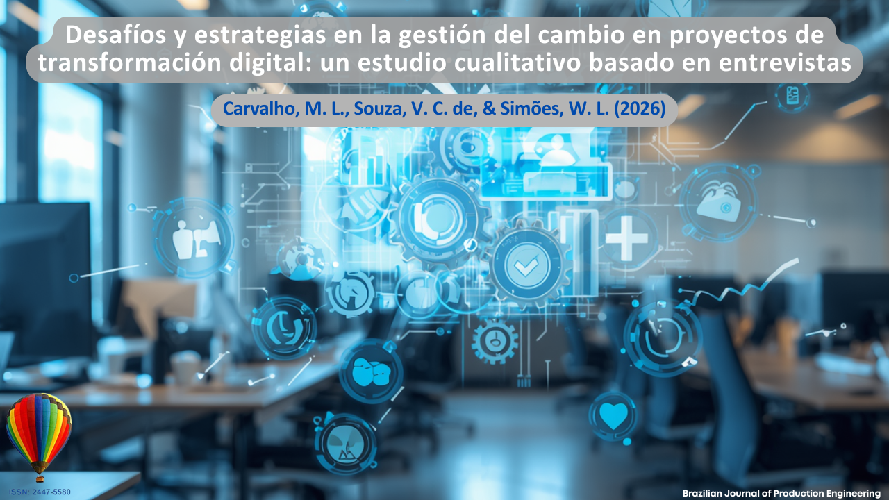 La imagen presenta un entorno corporativo moderno con elementos gráficos digitales superpuestos, incluidos íconos tecnológicos, conexiones virtuales, engranajes, gráficos y símbolos asociados con la transformación digital. La composición visual representa los desafíos y las estrategias relacionadas con la gestión del cambio en proyectos de transformación digital, destacando aspectos como innovación tecnológica, integración de sistemas, conectividad, análisis de datos y adaptación organizacional. El entorno empresarial desenfocado al fondo refuerza la idea de espacios corporativos en proceso de modernización y transición digital. En la parte superior se encuentra el título del artículo “Desafíos y estrategias en la gestión del cambio en proyectos de transformación digital: un estudio cualitativo basado en entrevistas”, seguido de los autores Carvalho, M. L., Souza, V. C. de, y Simões, W. L. (2026). En la esquina inferior se muestra la identificación de la Brazilian Journal of Production Engineering y el ISSN de la revista.
