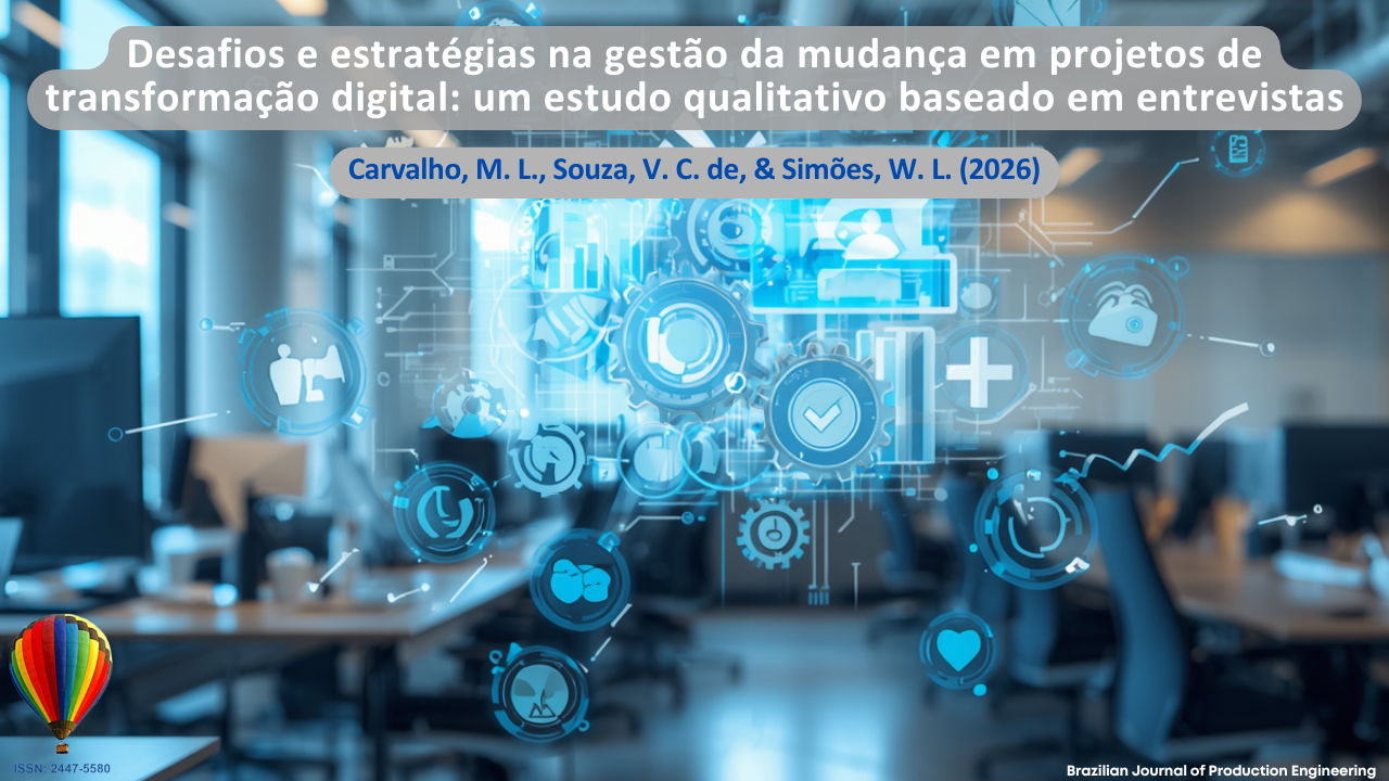 Imagem que apresenta um ambiente corporativo moderno com elementos gráficos digitais sobrepostos, incluindo ícones tecnológicos, conexões virtuais, engrenagens, gráficos e símbolos associados à transformação digital. A composição visual representa os desafios e as estratégias relacionados à gestão da mudança em projetos de transformação digital, destacando aspectos como inovação tecnológica, integração de sistemas, conectividade, análise de dados e adaptação organizacional. O cenário empresarial desfocado ao fundo reforça a ideia de ambientes corporativos em processo de modernização e transição digital. Na parte superior, encontra-se o título do artigo “Desafios e estratégias na gestão da mudança em projetos de transformação digital: um estudo qualitativo baseado em entrevistas”, seguido dos autores Carvalho, M. L., Souza, V. C. de, e Simões, W. L. (2026). No canto inferior, consta a identificação da Brazilian Journal of Production Engineering e o ISSN da revista.