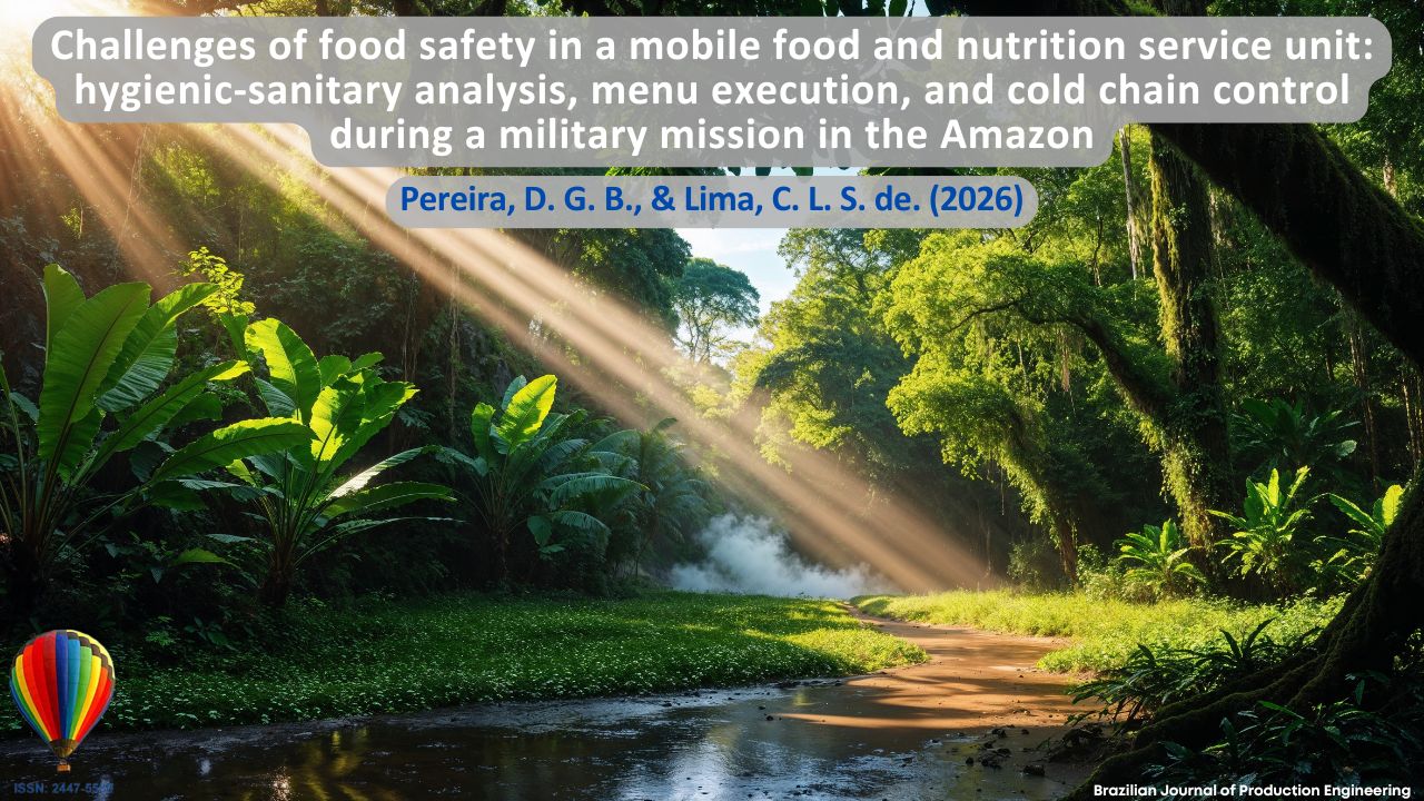 The image depicts a landscape of the Amazon Rainforest with dense vegetation, large trees, sunlight rays crossing the forest, and a watercourse within the natural environment. The visual composition represents the Amazonian context related to food safety challenges in itinerant food and nutrition operations, highlighting logistical, sanitary, and environmental aspects involved in military missions in the region. The setting refers to the difficulties of food preservation, cold chain control, and menu execution in remote and hard-to-access areas. At the top, the article title “Challenges of Food Safety in a Mobile Food and Nutrition Unit: Hygienic-Sanitary Analysis, Menu Execution, and Cold Chain Control in a Military Mission in the Amazon” is displayed, followed by the authors Pereira, D. G. B., and Lima, C. L. S. de. (2026). In the lower corner, the identification of the Brazilian Journal of Production Engineering and the journal’s ISSN are shown.