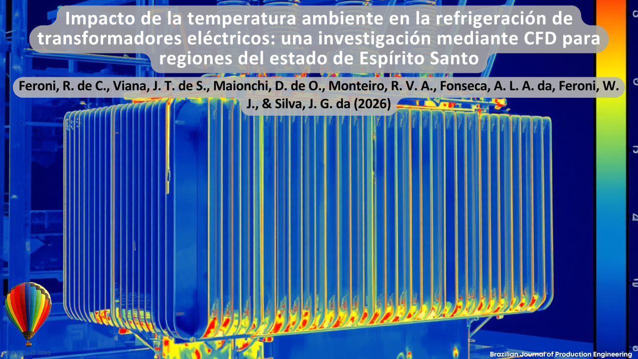 La imagen muestra una vista térmica de un transformador eléctrico industrial, presentada mediante una escala de colores característica de los análisis termográficos y simulaciones computacionales de transferencia de calor. Los tonos azules, amarillos y rojos indican diferentes niveles de temperatura a lo largo de la estructura del equipo, destacando regiones de mayor calentamiento y disipación térmica. La composición visual representa estudios relacionados con el enfriamiento de transformadores eléctricos y la influencia de la temperatura ambiente, utilizando técnicas de Dinámica de Fluidos Computacional (CFD) aplicadas a regiones del estado de Espírito Santo, Brasil. En la parte superior se presenta el título del artículo “Impacto de la temperatura ambiente en el enfriamiento de transformadores eléctricos: una investigación utilizando CFD para regiones del estado de Espírito Santo”, seguido de los autores Feroni, R. de C., Viana, J. T. de S., Maionchi, D. de O., Monteiro, R. V. A., Fonseca, A. L. A. da, Feroni, W. J., y Silva, J. G. da (2026). En la esquina inferior se muestra la identificación de la Brazilian Journal of Production Engineering y el ISSN de la revista.