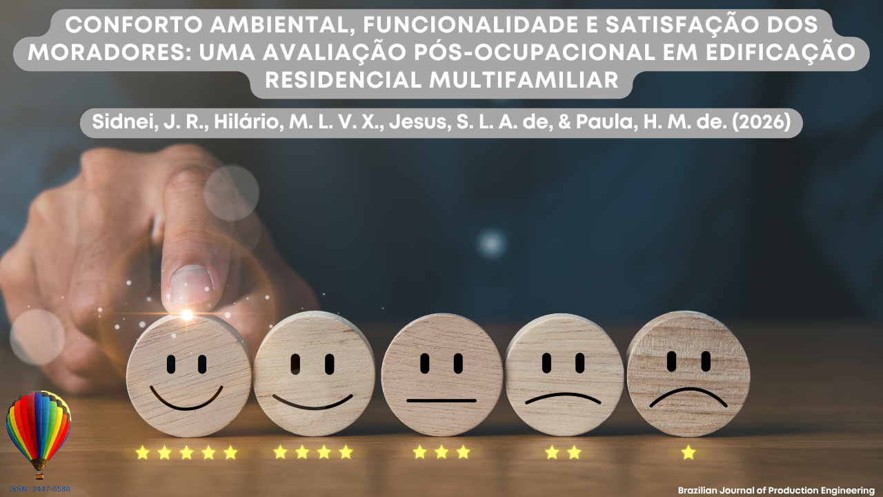 Imagem que representa a avaliação da satisfação dos moradores por meio de uma escala visual de emoções, variando de muito satisfeito a insatisfeito. Em primeiro plano, ícones circulares com expressões faciais simbolizam diferentes níveis de percepção dos usuários, enquanto uma mão interage com o indicador de maior satisfação, sugerindo análise e mensuração de conforto ambiental. A presença de estrelas reforça a ideia de avaliação quantitativa, comum em estudos pós-ocupacionais. A composição remete à análise da funcionalidade, qualidade percebida e desempenho de edificações residenciais multifamiliares sob a ótica dos usuários. Na parte superior da imagem está o título do artigo “Conforto ambiental, funcionalidade e satisfação dos moradores: uma avaliação pós-ocupacional em edificação residencial multifamiliar”, acompanhado dos autores Sidnei, J. R., Hilário, M. L. V. X., Jesus, S. L. A. de, e Paula, H. M. de (2026). No canto inferior encontra-se a identificação da Brazilian Journal of Production Engineering e o ISSN da revista.