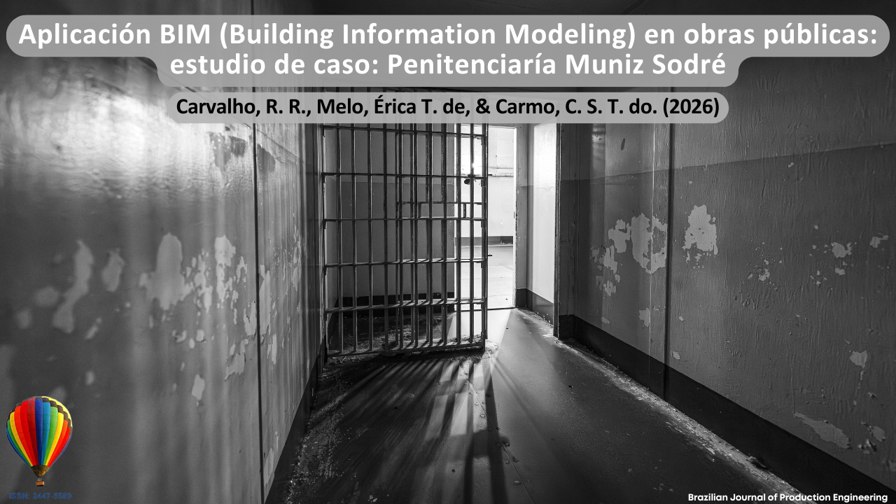 La imagen presenta, en tonos de gris, el corredor interno de una penitenciaría, con rejas metálicas, paredes desgastadas e iluminación natural al fondo del ambiente. La composición visual remite al contexto de la infraestructura penitenciaria y a los desafíos relacionados con la gestión, planificación y modernización de edificaciones públicas. El escenario dialoga con la aplicación de la metodología BIM (Building Information Modeling) en proyectos públicos, destacando el uso de tecnologías digitales para modelado, gestión de información y mejora de procesos constructivos en entornos institucionales como la Penitenciaría Muniz Sodré. En la parte superior se encuentra el título del artículo “Implementación BIM (Building Information Modeling) en proyectos públicos: estudio de caso Penitenciaría Muniz Sodré”, seguido de los autores Carvalho, R. R., Melo, Érica T. de, y Carmo, C. S. T. do. (2026). En la esquina inferior se muestra la identificación de la Brazilian Journal of Production Engineering y el ISSN de la revista.