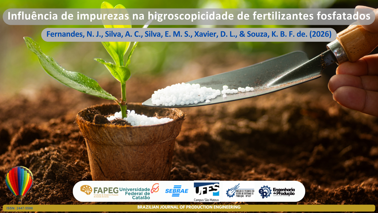 A imagem apresenta uma muda em crescimento plantada em um pequeno vaso biodegradável sobre solo agrícola, enquanto grânulos de fertilizante fosfatado são aplicados com o auxílio de uma pá metálica. A composição visual simboliza a nutrição vegetal, a fertilização do solo e os fatores que influenciam a eficiência agronômica dos fertilizantes. O destaque para os grânulos brancos próximos à planta remete ao estudo da higroscopicidade e ao impacto das impurezas nas propriedades físicas dos fertilizantes fosfatados, tema relevante para o armazenamento, manuseio e desempenho no campo. Na parte superior encontra-se o título do artigo “Influência de impurezas na higroscopicidade de fertilizantes fosfatados”, seguido dos autores Fernandes, N. J., Silva, A. C., Silva, E. M. S., Xavier, D. L., e Souza, K. B. F. de. (2026). Na parte inferior aparecem os logotipos das instituições parceiras, a identificação da Brazilian Journal of Production Engineering e o ISSN da revista.
